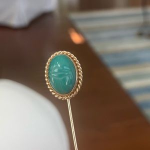 Vintage Carved Turquoise stick pin in yellow gold